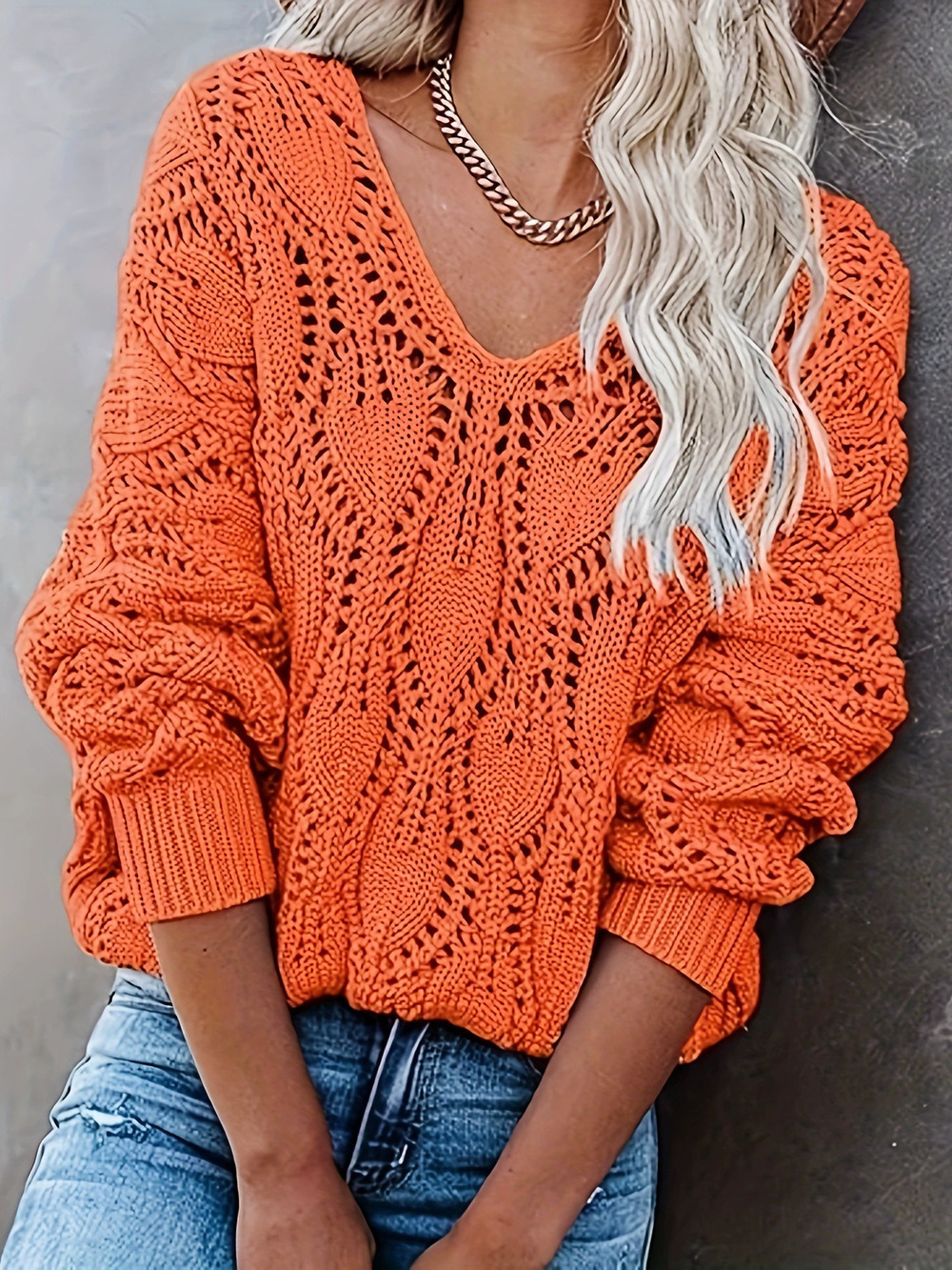 ZARA Womens Casual Hollow Out Long Sleeve Loose Knit Pullover Sweater